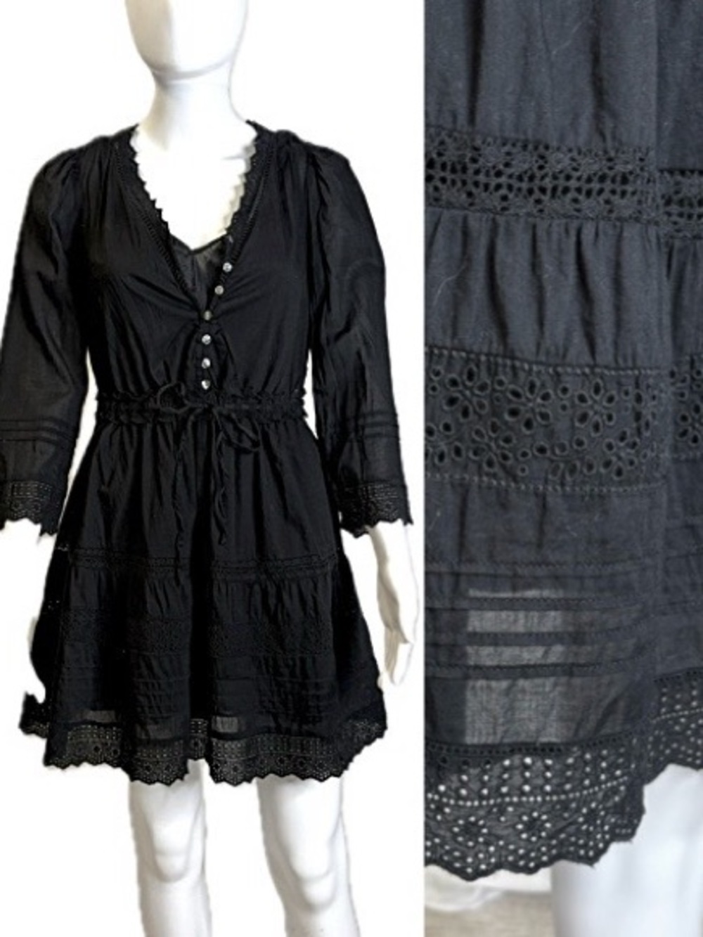 GAP Black Eyelet Cotton Mini Dress Size XS Button Front Tiered Ruffle 3/4 Sleeve